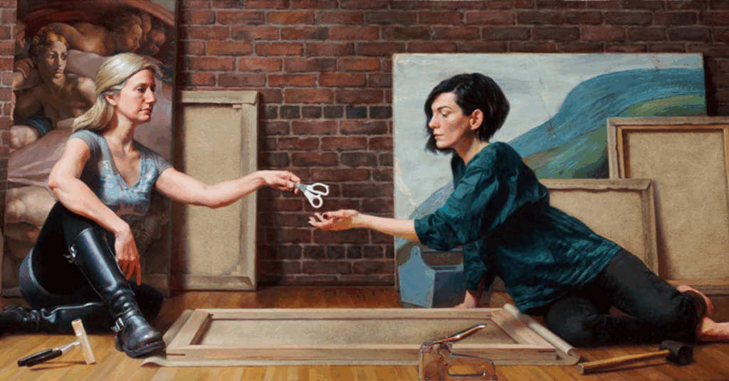 Julie Beck painting ‘The Creation of Eve’ – hyperrealistic oil painting featuring artists exchanging scissors in a studio setting